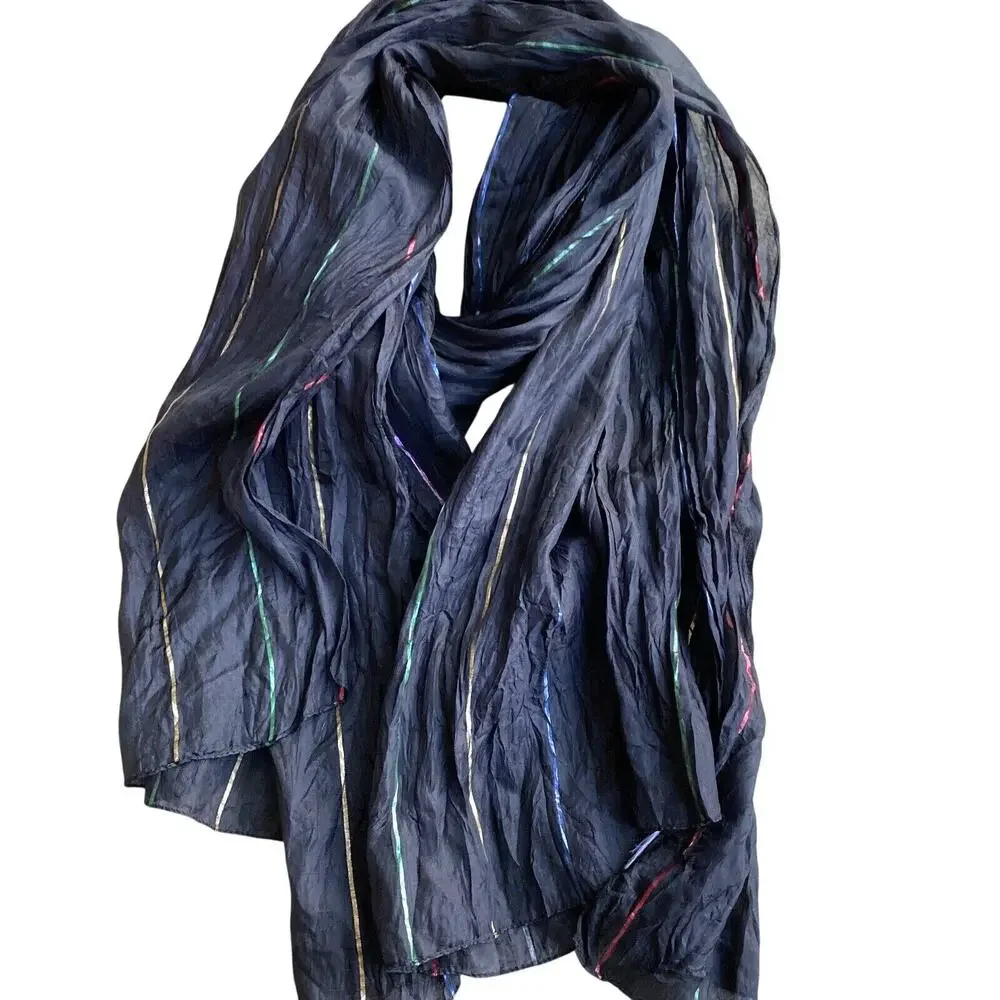 Silky black crinkle fabric scarf wrap shawl multicolor metallic ribbon stripes